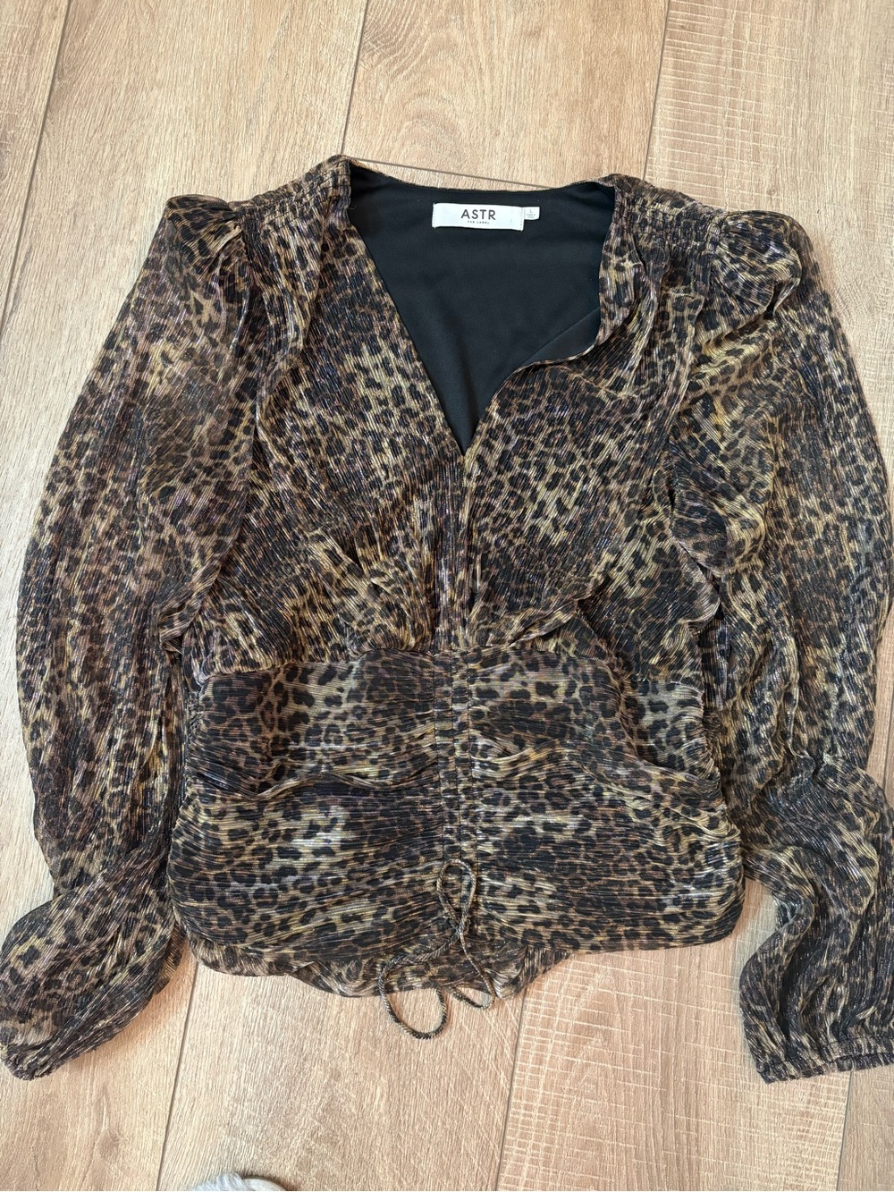 Astr Leopard Print V-Neck Smocked Waist Long Sleeve Blouse - Brown